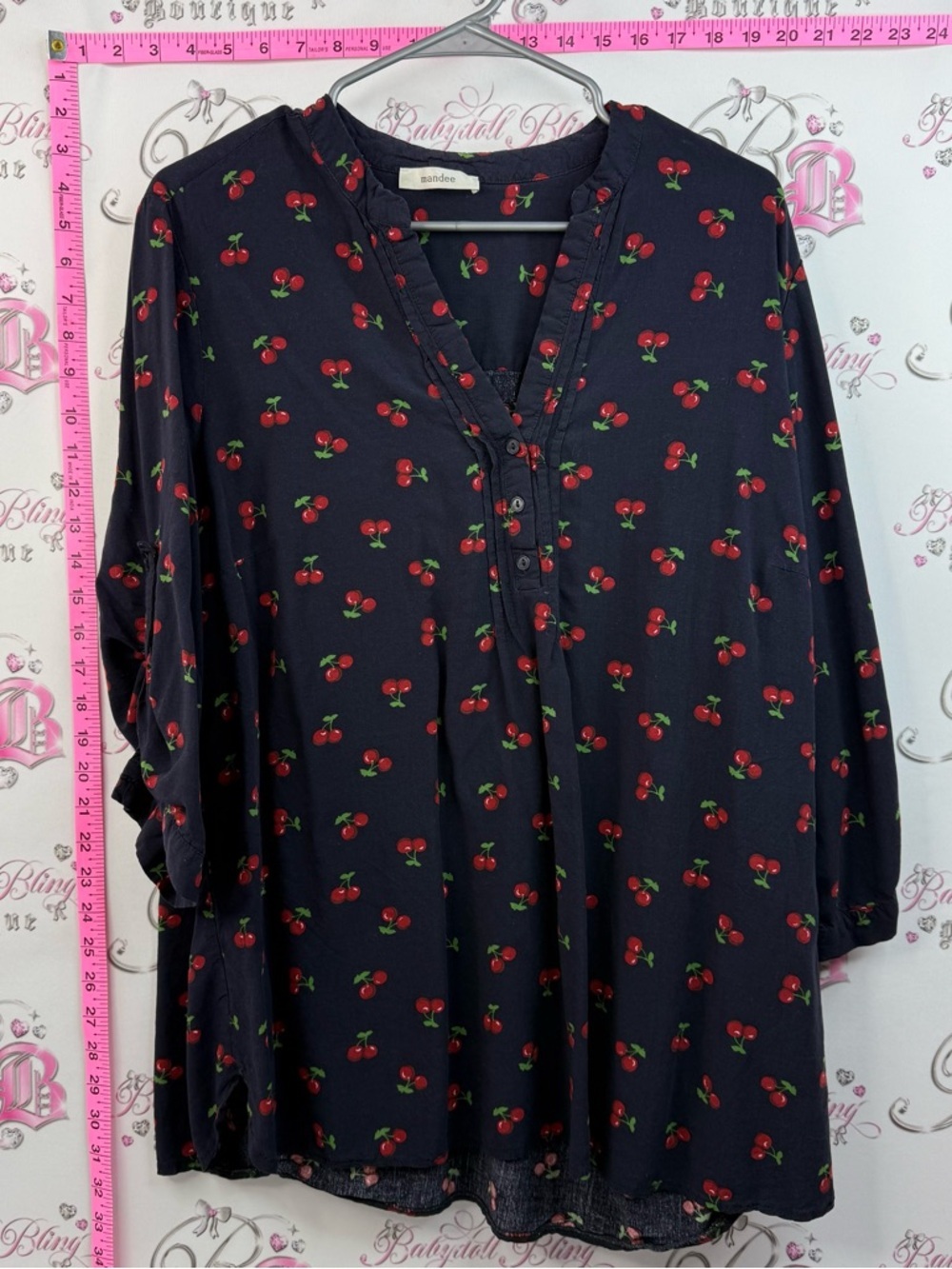 mandee blouse cherries 🍒 printed flowy shirt Navy Blouse with Red Cherry Print - Picture 2 of 11
